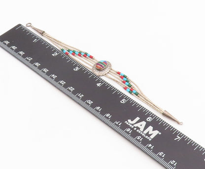 925 Sterling Silver Vintage Bracelet SOUTHWESTERN Multi Gemstone Inlay BT11526