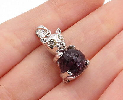 925 Sterling Silver  Amethyst Sphere & Topaz Accent Teddy Bear Pendant  PT2768