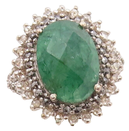 925 Sterling Silver Vintage Ring Oval Green Gemstone & Diamonds  Sz 6  RG29707