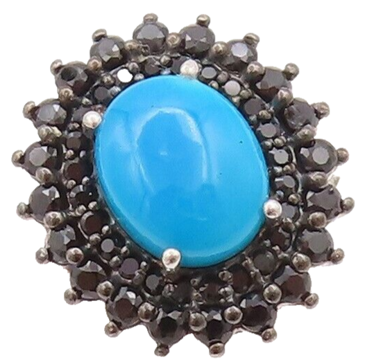 925 Sterling Silver Vintage Ring Cabochon Turquoise & Spinel Flower Sz 8 RG29758