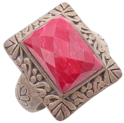 925 Sterling Silver Vintage Ring Square Red Gemstone Floral Carved Sz 8  RG29294