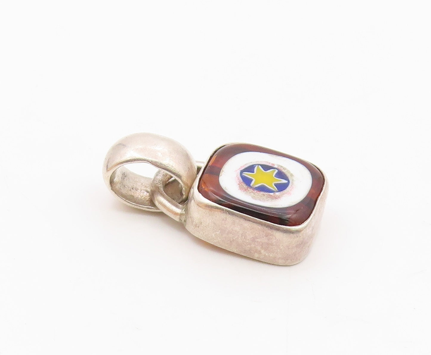 925 Sterling Silver  Vintage Enamel Art Wok On Square Amber Pendant  PT21306