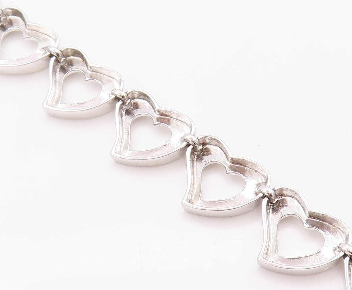 925 Sterling Silver Vintage Bracelet Linked Cutout Hearts Toggle Lock  BT11273