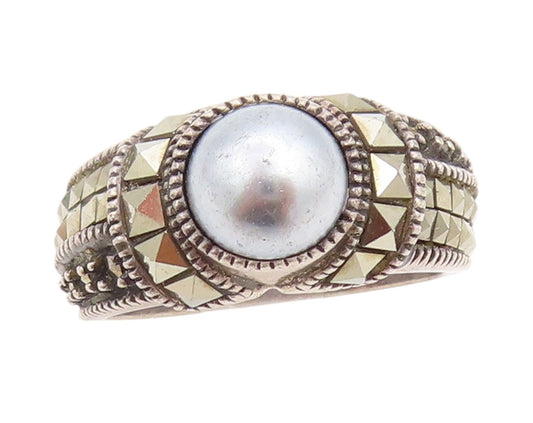 925 Sterling Silver Vintage Ring JUDITH JACK Pearl & Marcasite  Sz 5  RG33245
