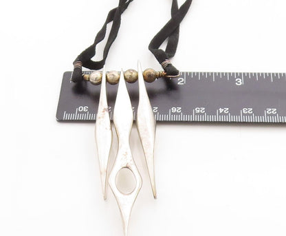 ISRAEL 925 Sterling Silver  Vintage Shiny Modernist Suede Necklace  NE1381