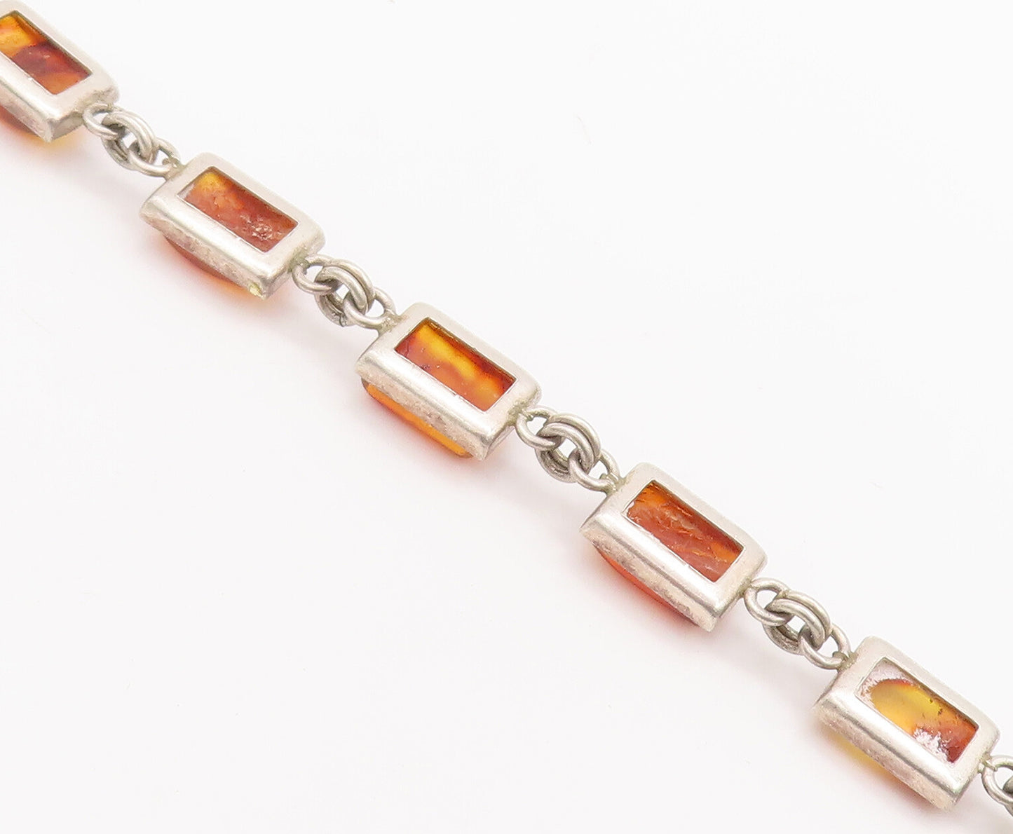 925 Sterling Silver Vintage Bracelet Solid Rectangular Linked Amber   BT10267