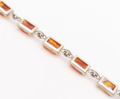 925 Sterling Silver Vintage Bracelet Solid Rectangular Linked Amber   BT10267