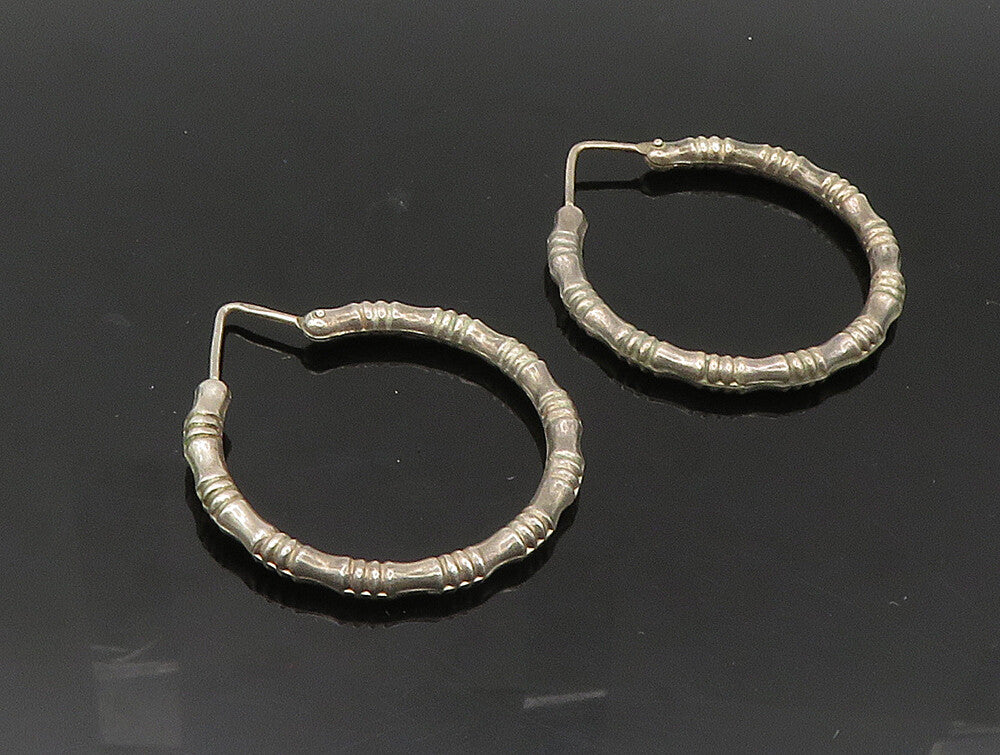 925 Sterling Silver  Vintage Shiny Hollow Bamboo Hoop Earrings EG11537