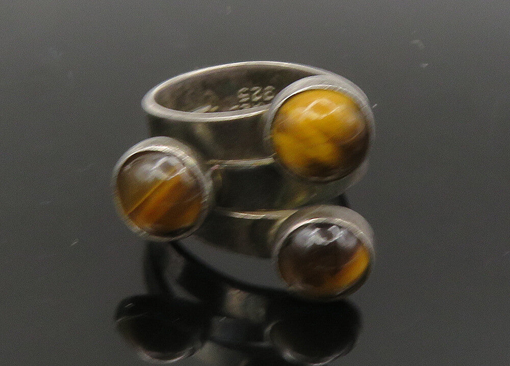 ISRAEL 925 Silver  Vintage Cabochon Cut Tiger's Eye Band Ring Sz 5  RG21739