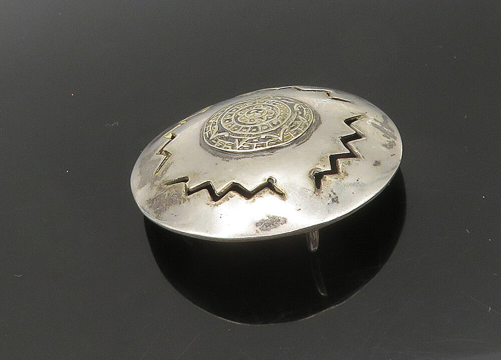 MEXICO 925 Silver  Vintage Mayan Aztec Sun Calendar Cutout Brooch Pin  BP8339