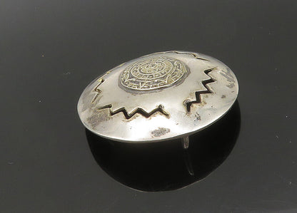 MEXICO 925 Silver  Vintage Mayan Aztec Sun Calendar Cutout Brooch Pin  BP8339