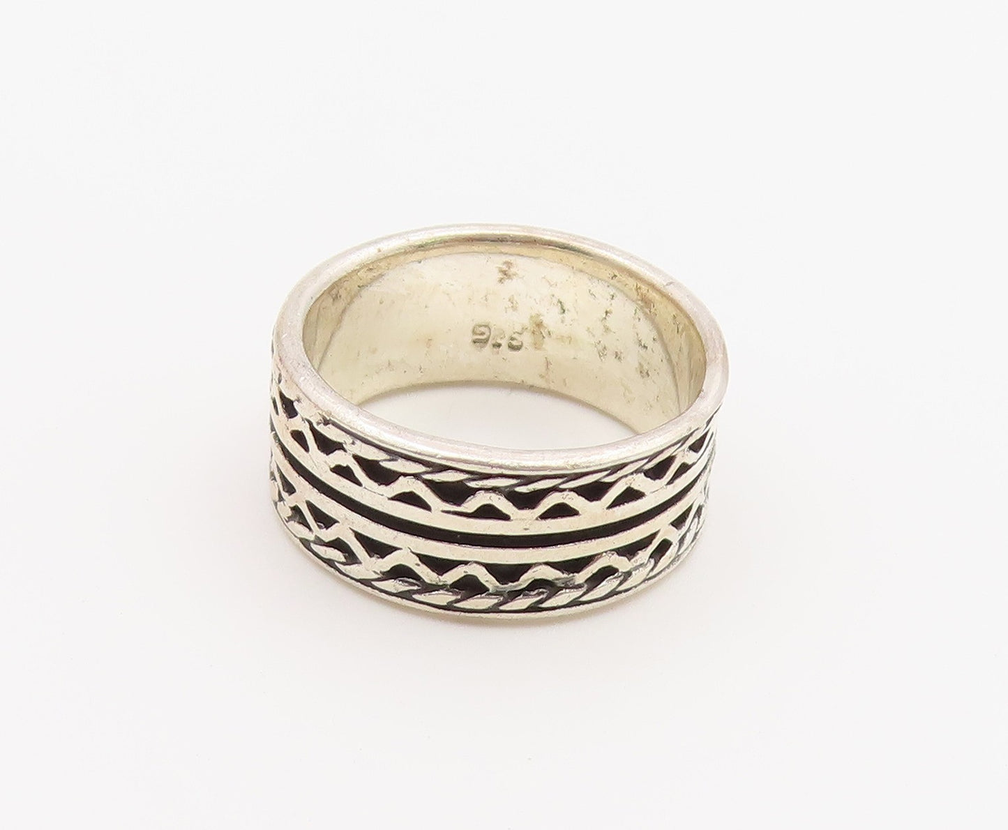 925 Sterling Silver Vintage Ring Classic Geometric Pattern Band  Sz 6  RG36895