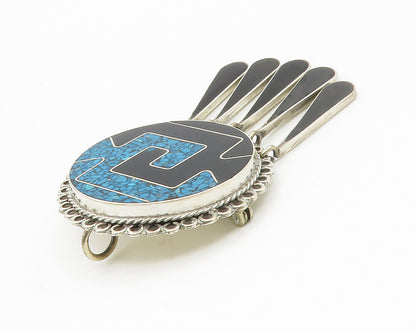 MEXICO 925 Sterling Silver  Vintage Turquoise & Black Onyx Brooch Pin  BP5342