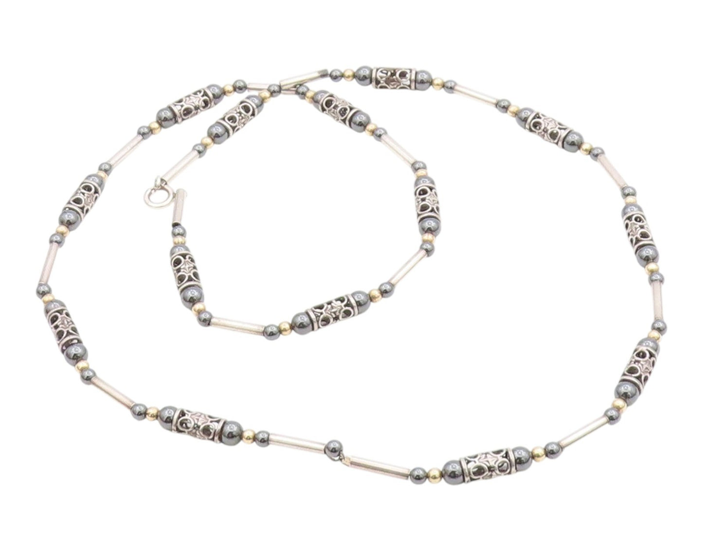 925 Sterling Silver Vintage Necklace Two Tone Hematite Bead & Barrel Tube NE4132