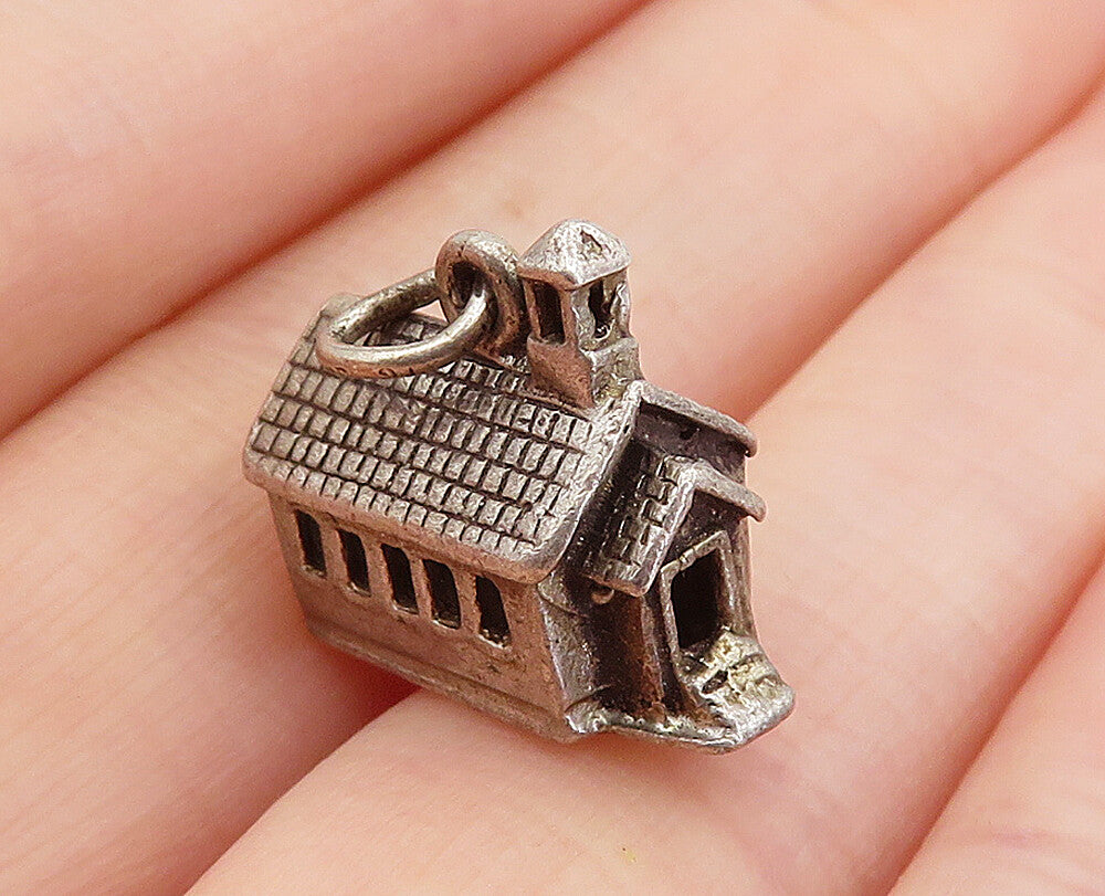 925 Sterling Silver  Vintage Petite Dark Tone Church House Pendant  PT4363