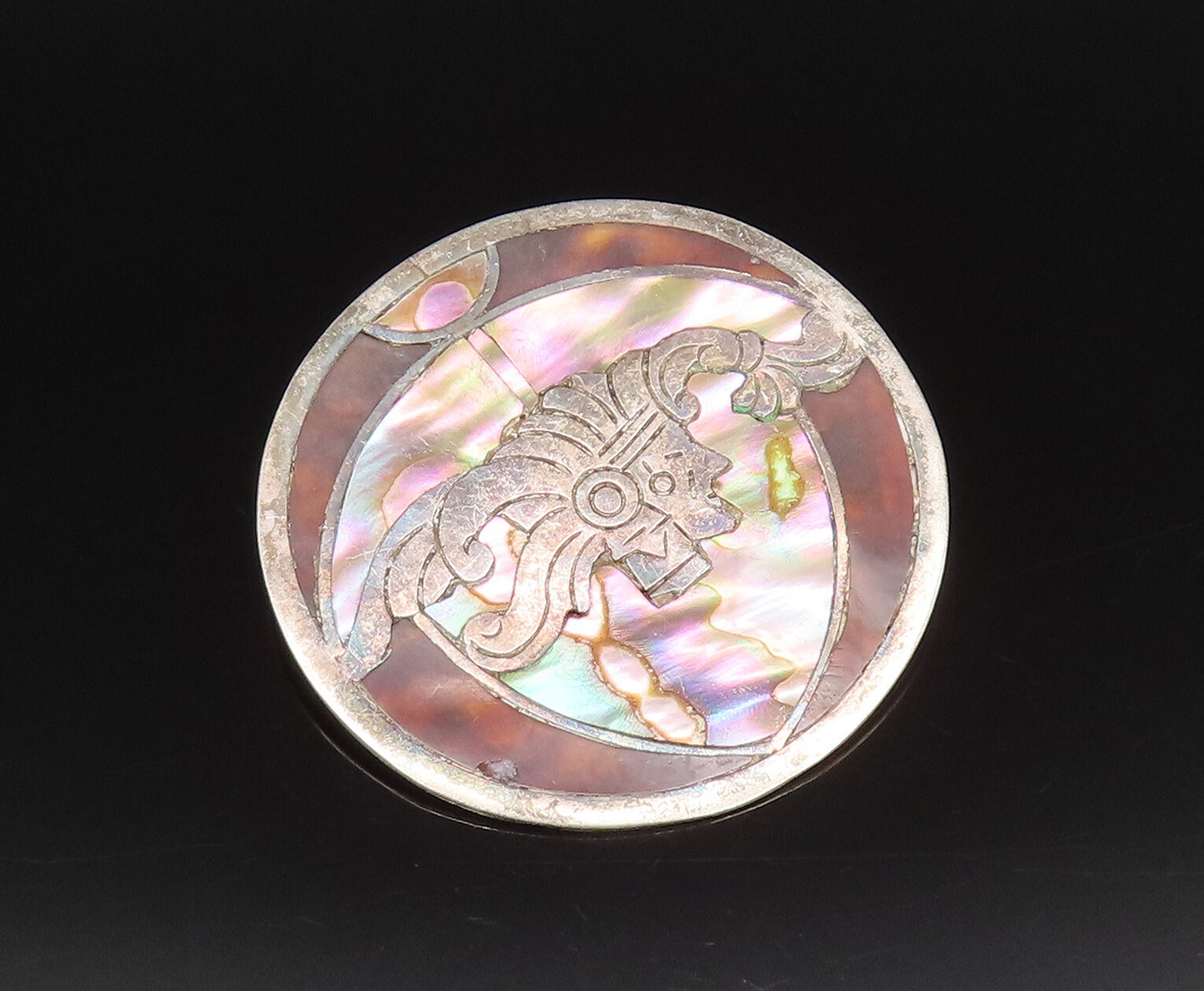 MEXICO 925 Silver  Vintage Abalone & Tiger's Eye Warrior Brooch Pin  BP10088