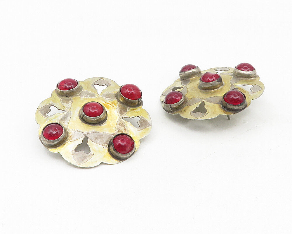 925 Sterling Silver  Vintage Cabochon Red Topaz Cutout Drop Earrings  EG5540