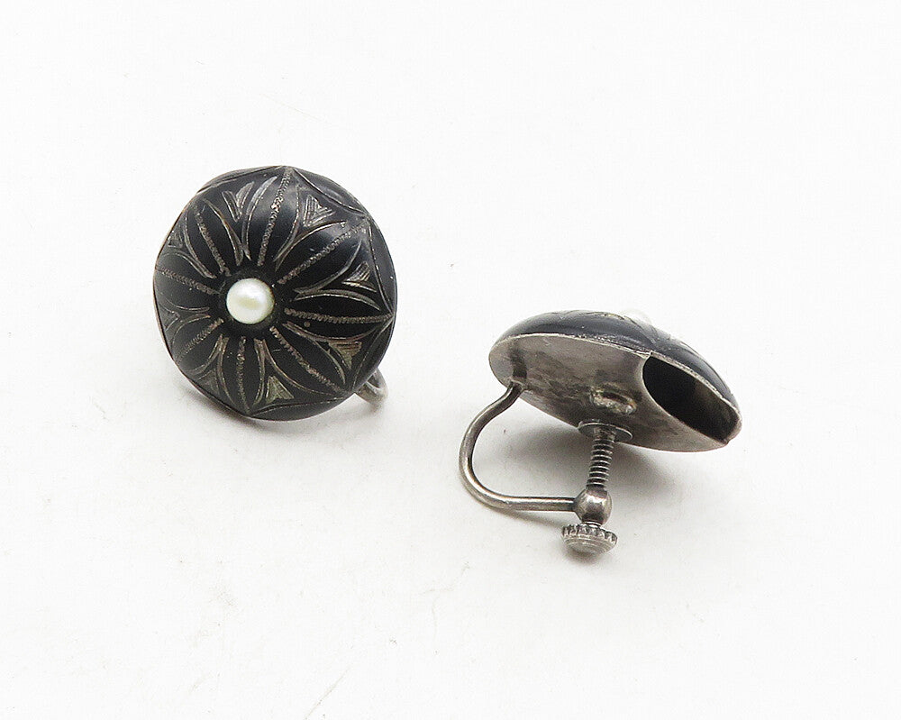 925 Sterling Silver  Vintage Petite Pearl Oxidized Non Pierce Earrings  EG5269