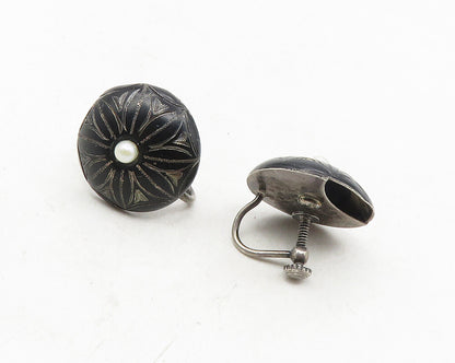 925 Sterling Silver  Vintage Petite Pearl Oxidized Non Pierce Earrings  EG5269