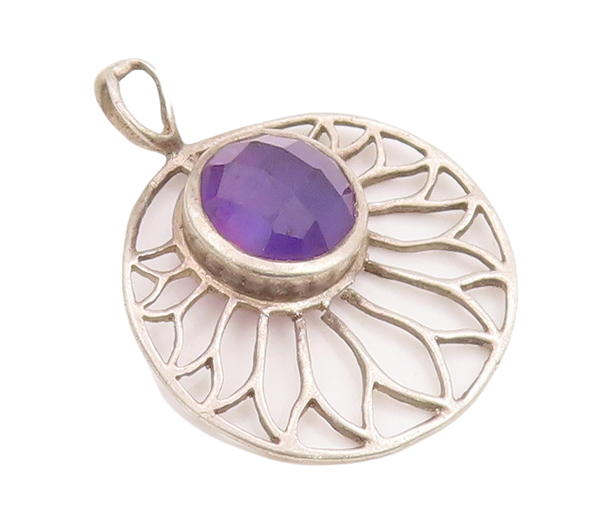925 Sterling Silver Vintage Pendant Cutout Amethyst Round Flower  PT23296