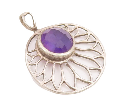 925 Sterling Silver Vintage Pendant Cutout Amethyst Round Flower  PT23296