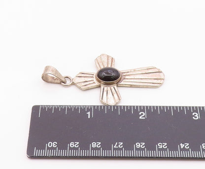 MEXICO 925 Silver  Vintage Cabochon Black Onyx Religious Cross Pendant PT14387
