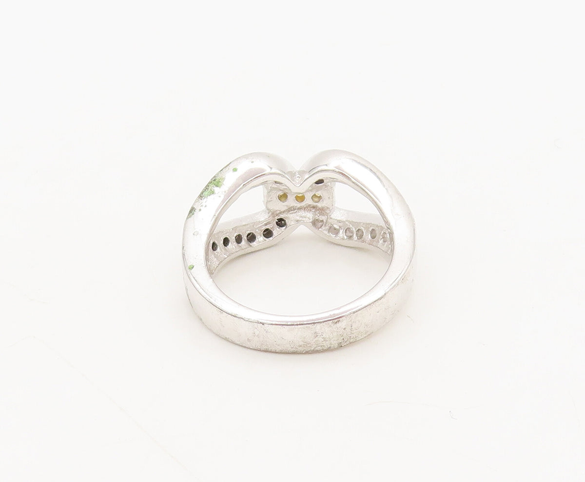 925 Silver  Vintage Inlay Black White & Golden CZ Lock Loop Ring Sz 7  RG27255
