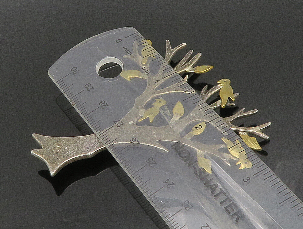 MEXICO 925 Silver  Vintage Two Tone Tree Branch With Birds Brooch Pin  BP9529