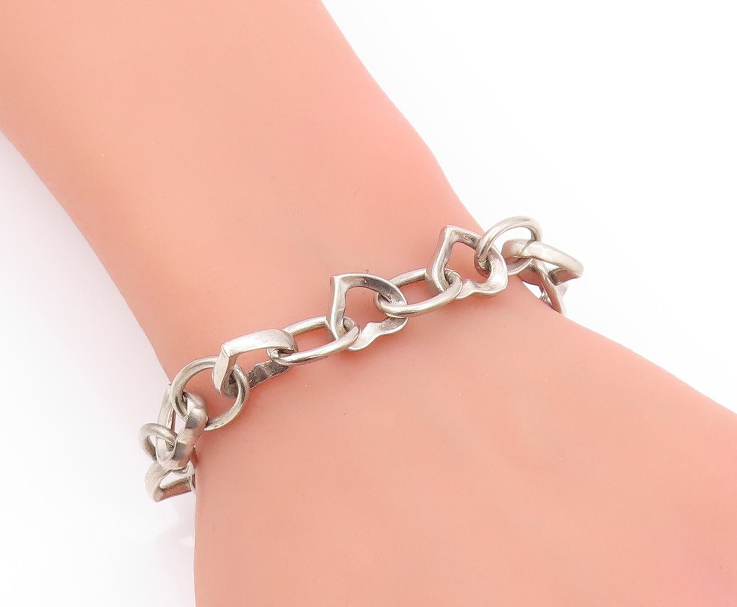 925 Sterling Silver Vintage Bracelet Rings & Cutout Hearts Linked  BT11135