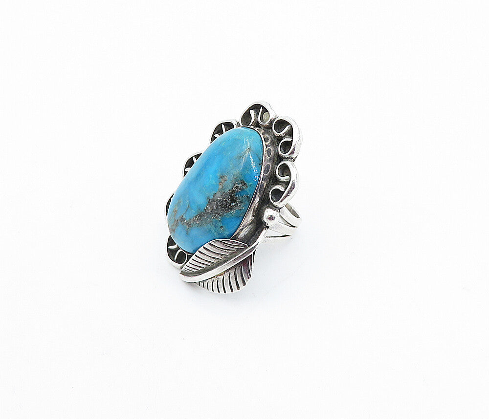 NAVAJO 925 Silver  Vintage Turquoise Leaf Swirl Cocktail Ring Sz 6  RG3871