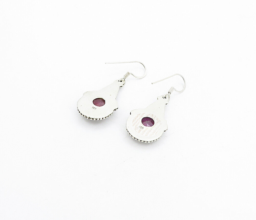 925 Sterling Silver Vintage Faceted Ruby Twist Detail Dangle Earrings EG3480