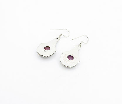 925 Sterling Silver Vintage Faceted Ruby Twist Detail Dangle Earrings EG3480