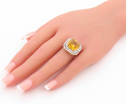 925 Sterling Silver Vintage Ring Square Citrine Halo Topaz  Sz 7  RG32449