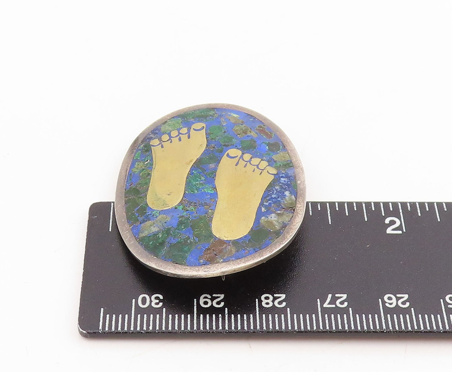 925 Sterling Silver Vintage Brooch MEXICO Malachite Inlay Foot Print  BP12014