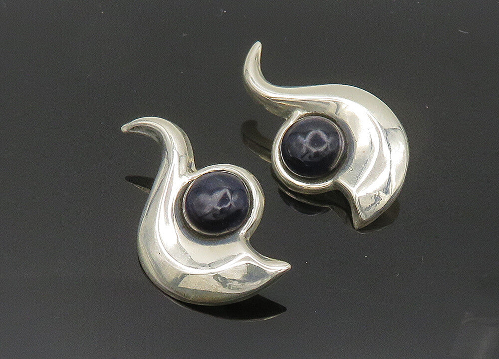 MEXICO 925 Silver  Vintage Black Onyx Shiny Non Pierce Earrings  EG10168