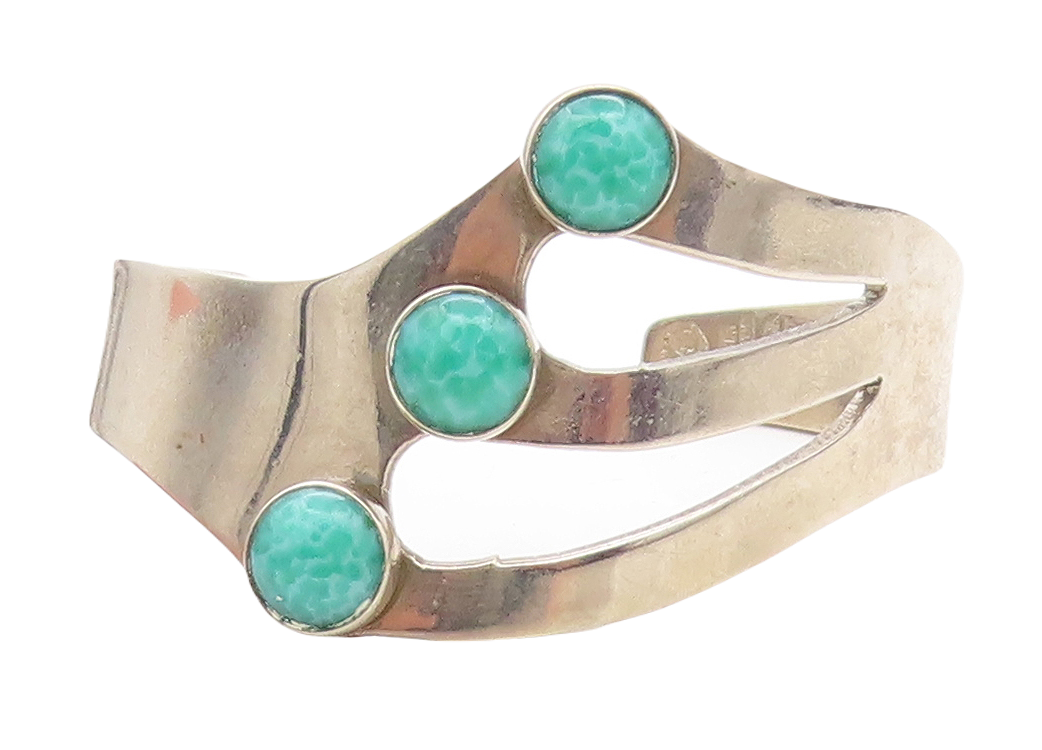 MEXICO 925 Sterling Silver Vintage Malachite Cutout Cuff Bracelet BT2662