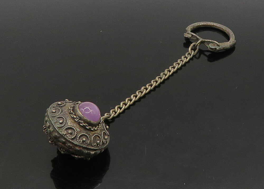 925 Sterling Silver  Vintage Lapis Lazuli & Amethyst Floral Key Chain  TR3202