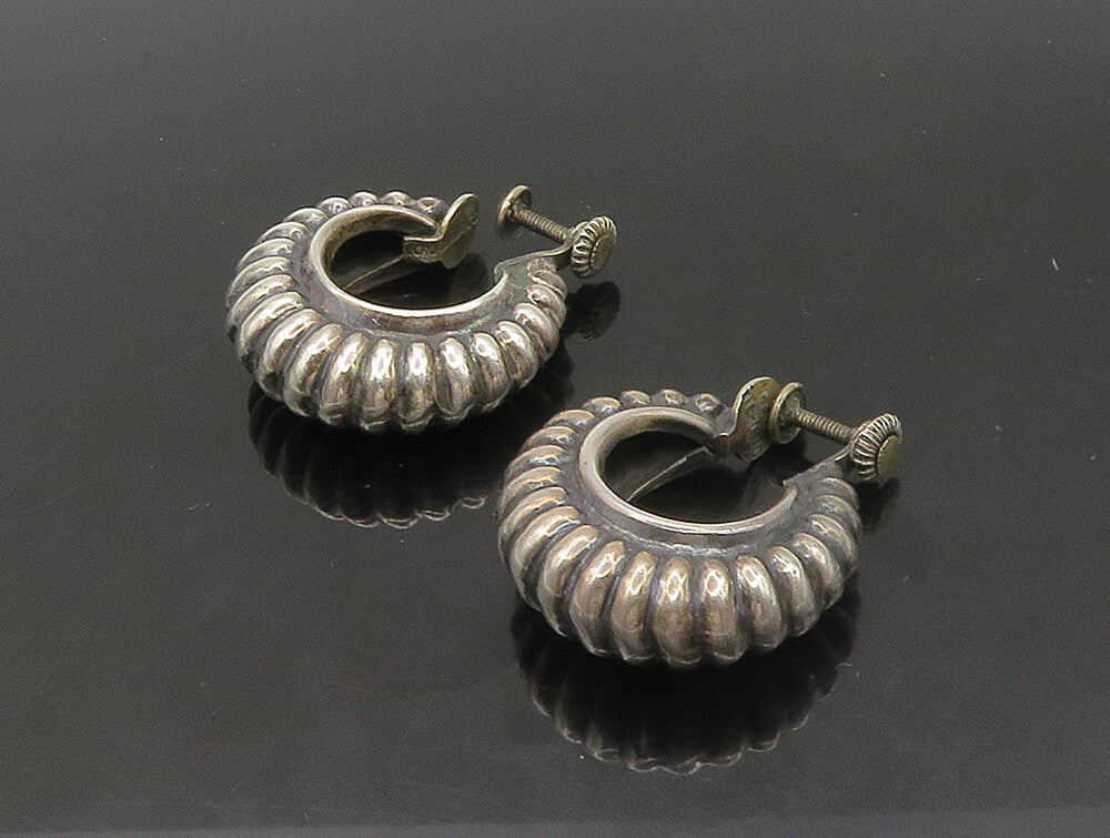MEXICO 925 Silver  Vintage Fluted Hollow Non Pierce Hoop Earrings  EG11455