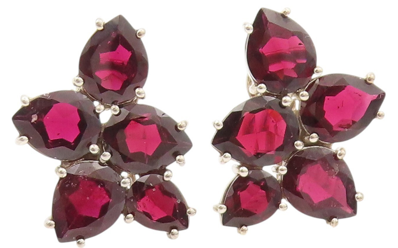925 Sterling Silver Vintage Earrings Multi Drop Cut Garnet Clip on EG13399