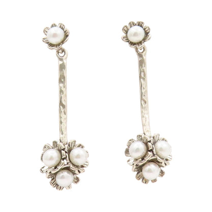 925 Sterling Silver Vintage Earrings ISRAEL Designer Drop Pearl Flower  EG13471