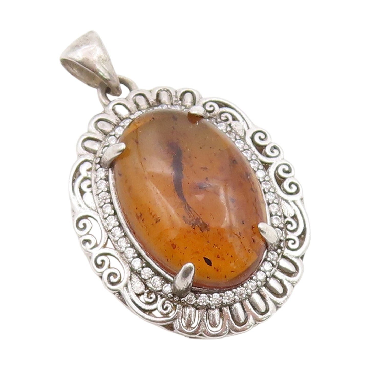 925 Sterling Silver Vintage Pendant Cabochon Honey Amber Halo CZ Locket  PT25490