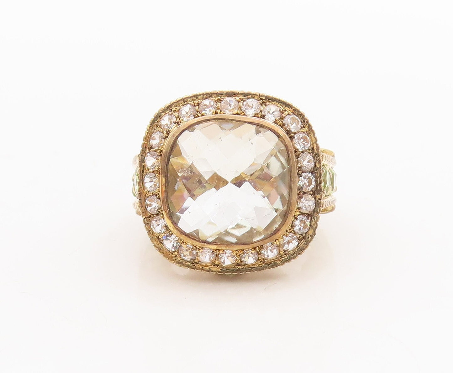 925 Sterling Silver Vintage Ring Gold Plated Peridot & Square Topaz Sz 7 RG29878
