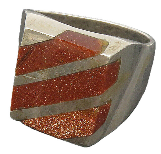 MEXICO 925 Sterling Silver Vintage Goldstone Striped Cocktail Ring Sz 12 RG12051