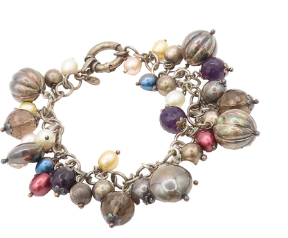 925 Sterling Silver Vintage Bracelet Sphere Cut Pearls Smokey Quartz  BT10255