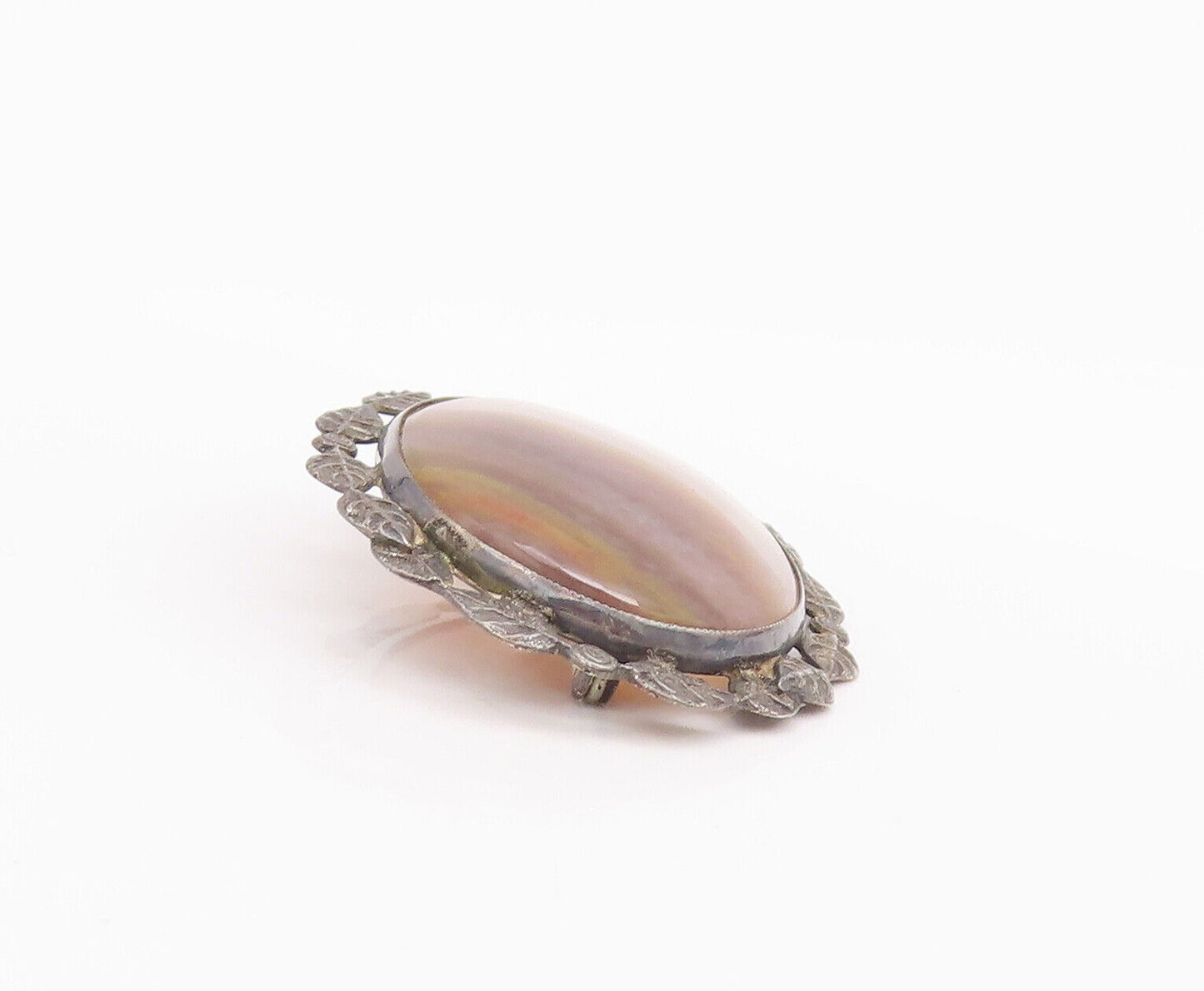 925 Sterling Silver Vintage Brooch Pin Gemstone Halo Carved Leaf Frame  BP10867