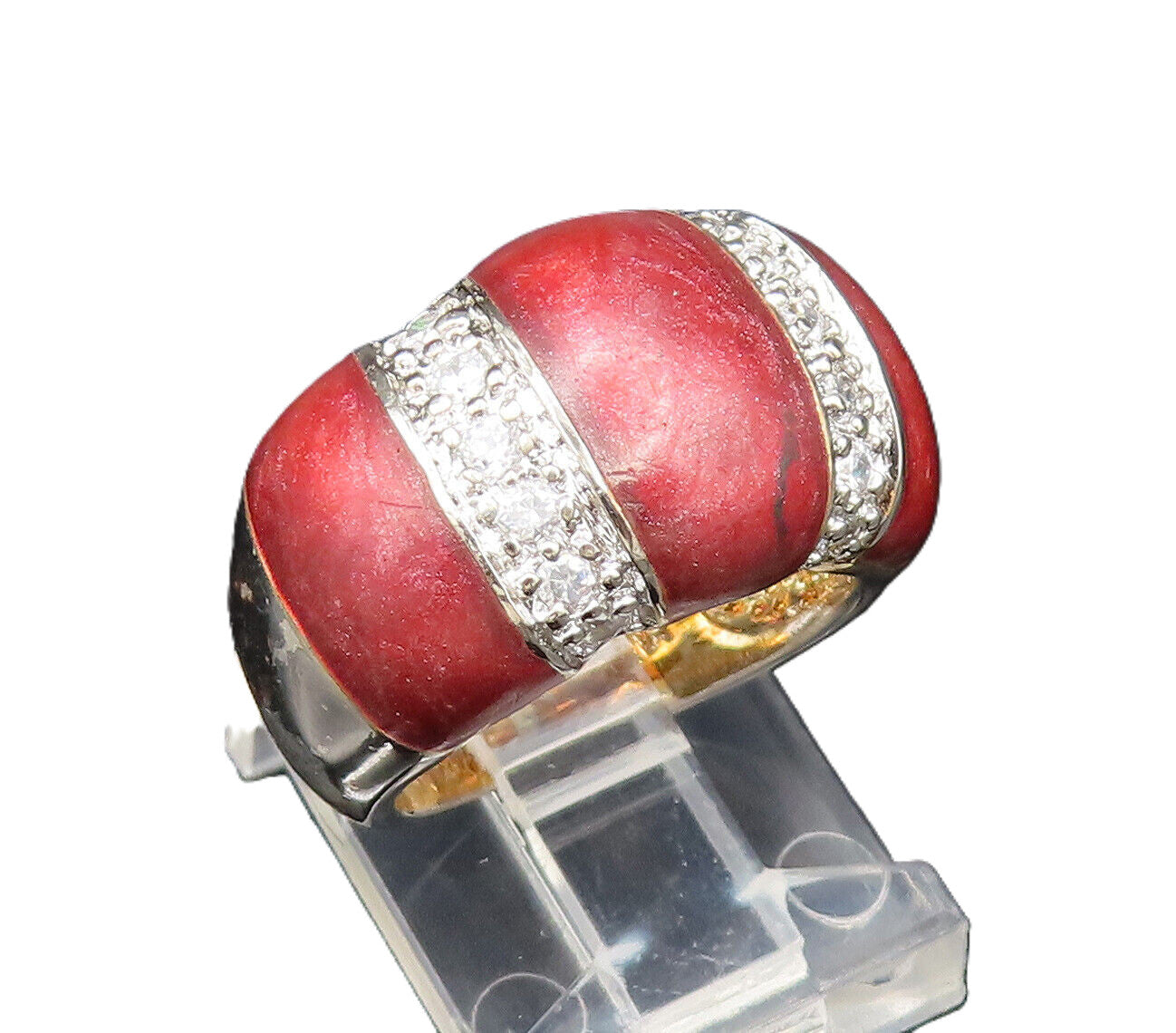 925 Sterling Silver  Vintage Enamel & Cubic Zirconia Dome Ring Sz 5  RG25379