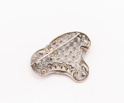 925 Sterling Silver Vintage Brooch Pin Antique Swirly Floral Net Cutout  BP10878