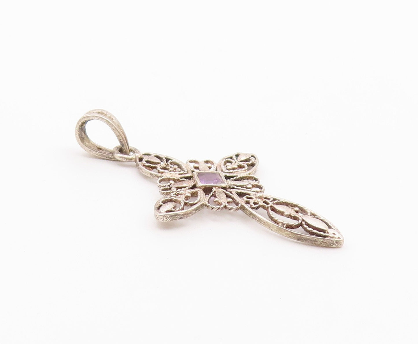 925 Silver  Vintage Openwork Heart & Flowers Cross Gemstone Pendant  PT21316