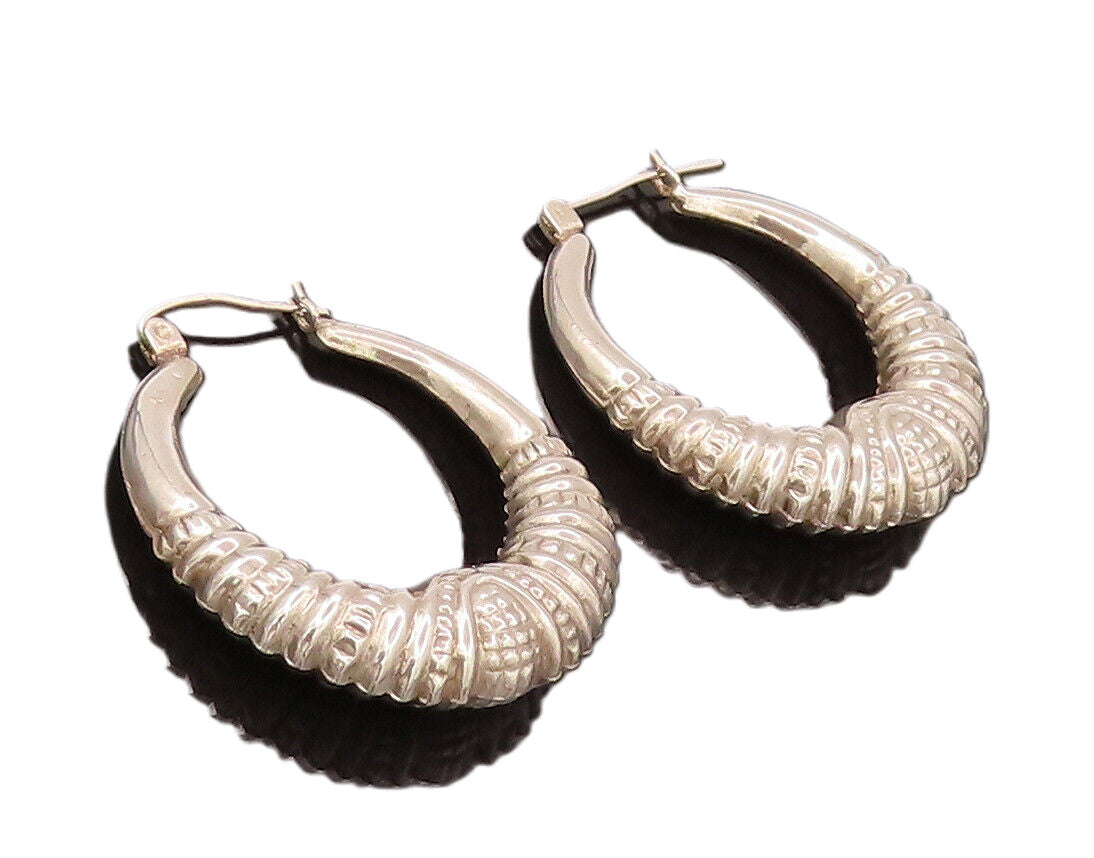 925 Sterling Silver  Vintage Puffed Dented Carved Hoop Earrings  EG12460