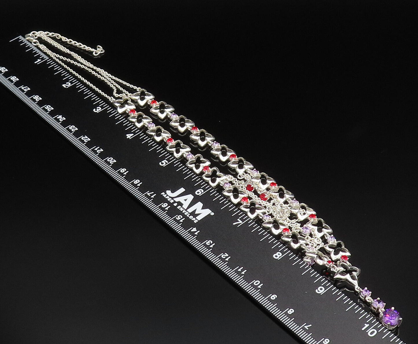 925 Sterling Silver  Vintage Amethyst & Spinel Cross Cutout Necklace  NE3868
